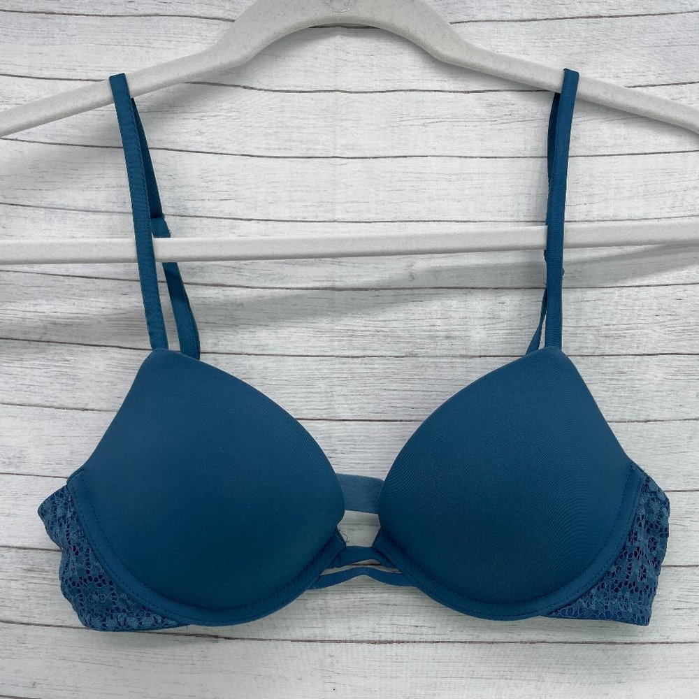 Victoria's Secret Womens Padded Plunge Bra Blue Lace Underwire Size 32B